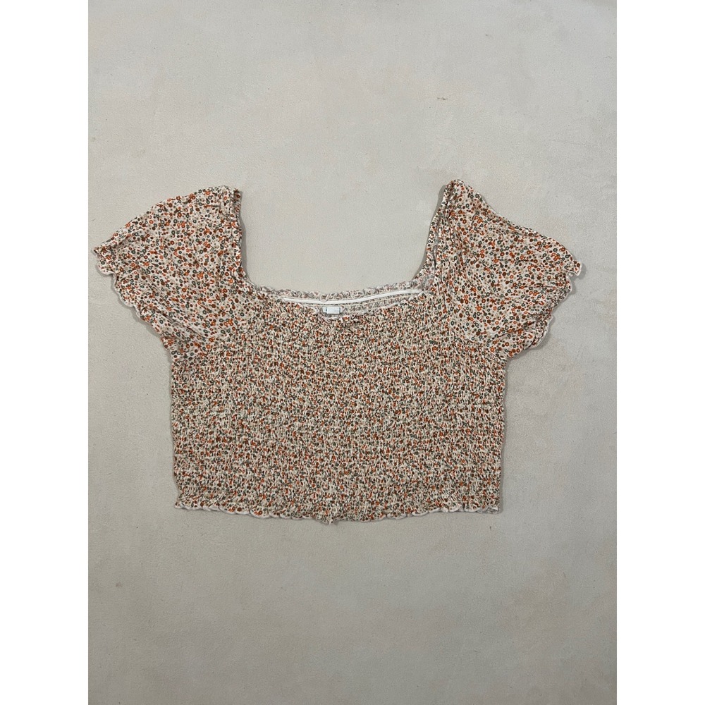 Aerie Floral Smocked Crop Top Women Large Square Neck Short Sleeve Ditsy Print